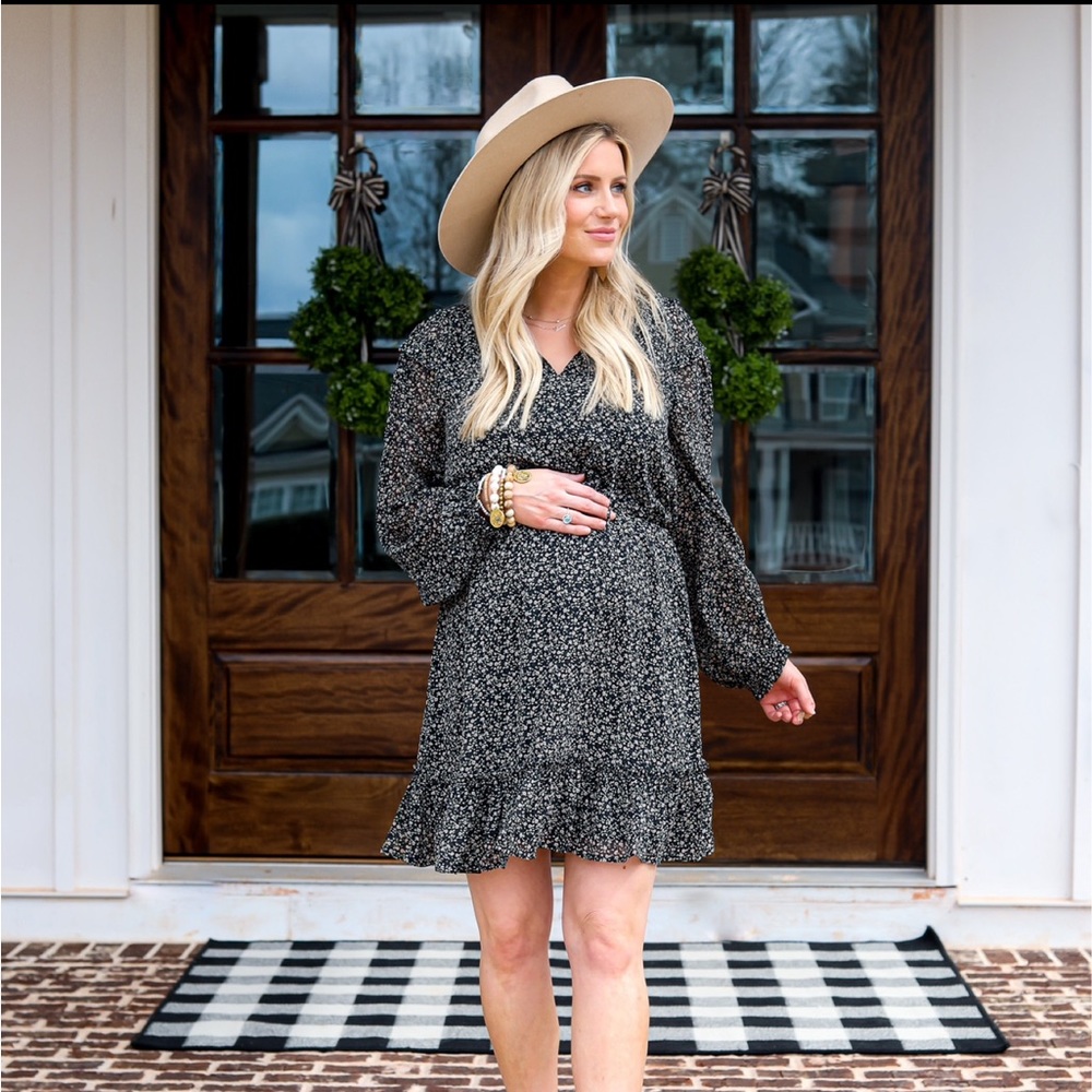 Black, floral,  long sleeve dress